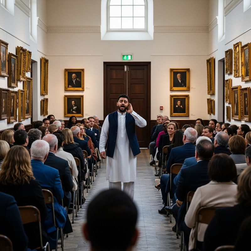 Diverse Crowd Enthralled by Middle-Eastern Man's Captivating Performance in Lavish Room
