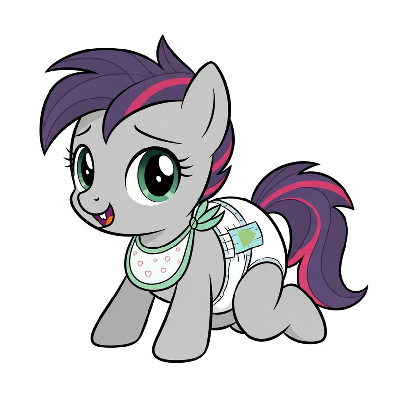 Charming Baby Pony in Diaper with Milk Tooth Crawling and Wearing Bib Cartoon Charming Baby Pony in Diaper with Milk Tooth Crawling and Wearing Bib Cartoon
