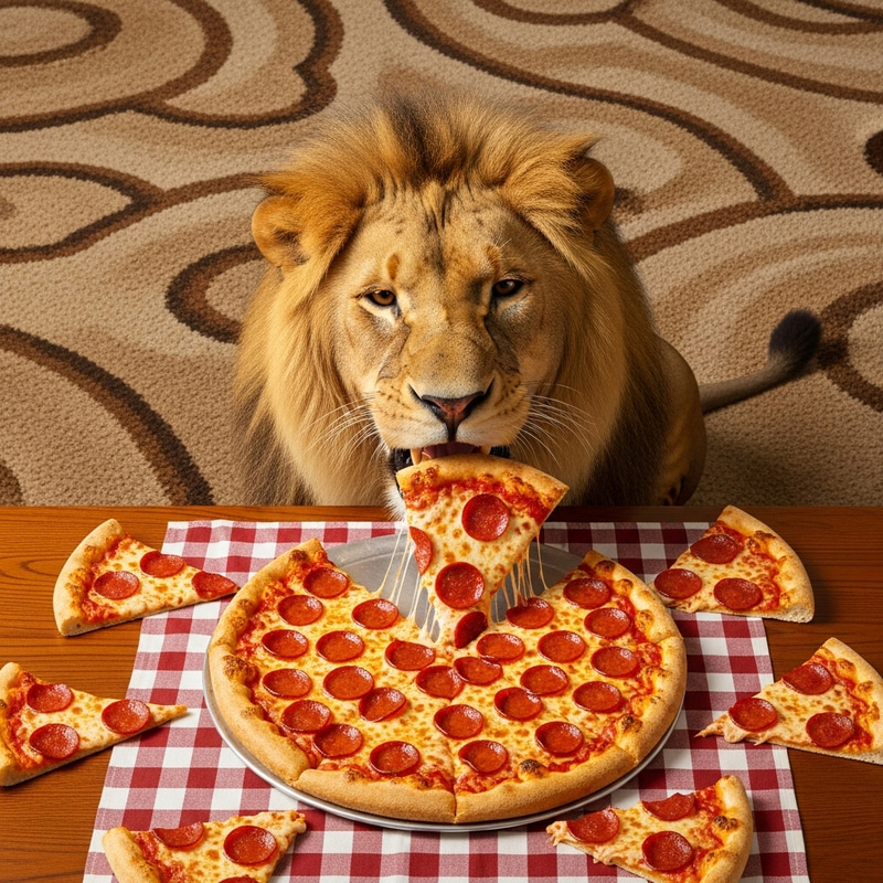 Majestic Lion Eating Pepperoni Pizza on Table
