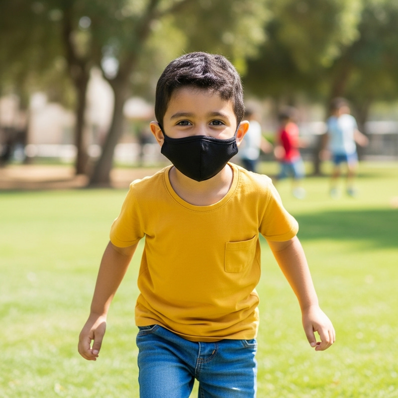 Black Masked Boy Outdoors: Mischievous Joy in a Sunny Scene