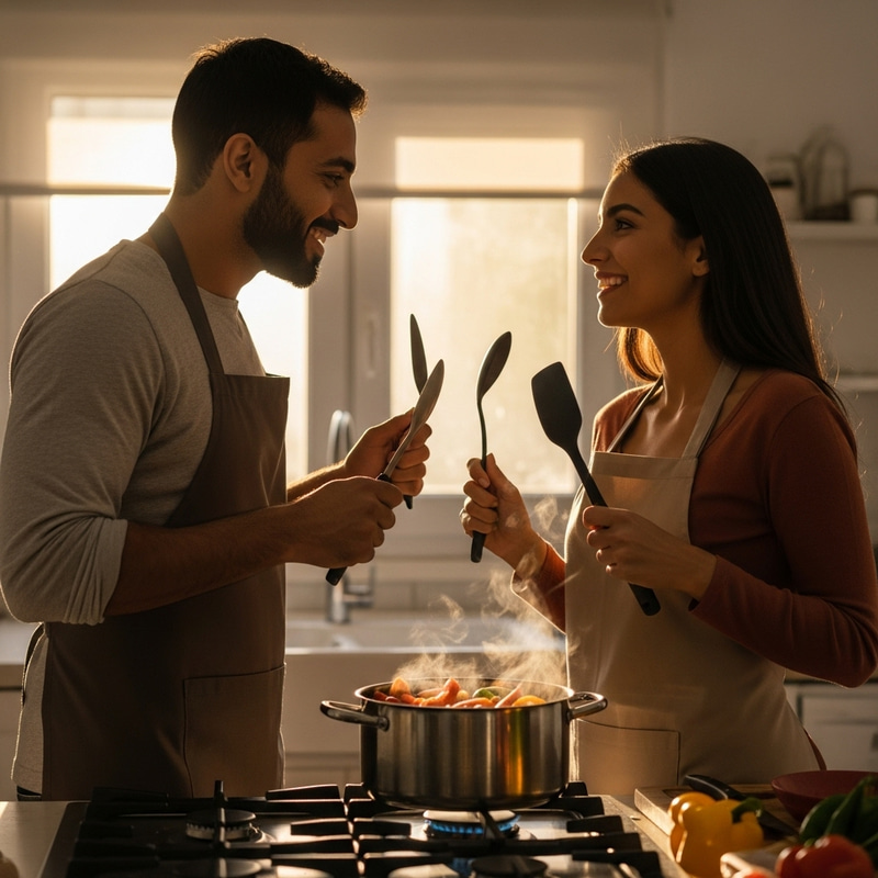 Romantic Cooking Scene: Couple Cooking Together in Evening Glow Romantic Cooking Scene: Couple Cooking Together in Evening Glow