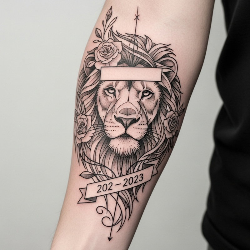Minimalistic Lion Forearm Tattoo with Date and Roses
