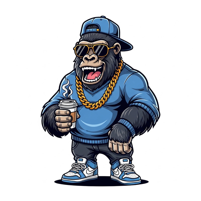 Hip Hop Gorilla Smiling with Coffee - The Cool Urban Vibes