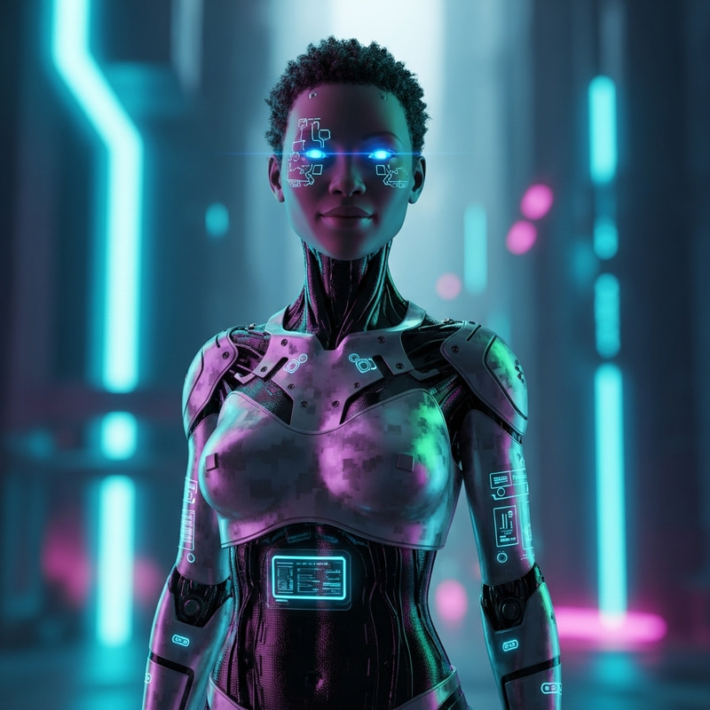 Neon African Female Robot in Futuristic Scenario