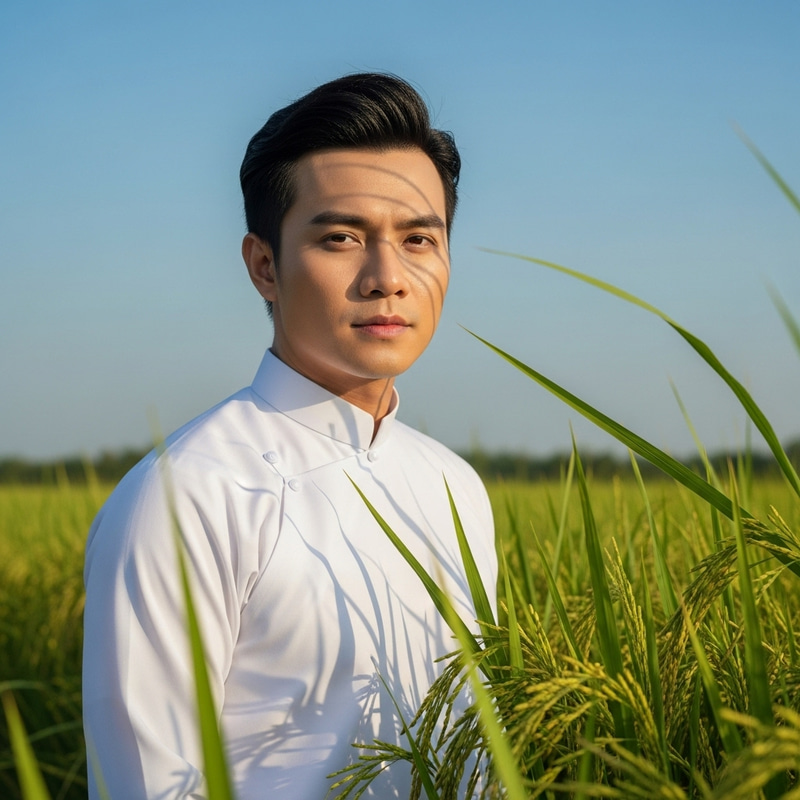 Handsome Vietnamese Man by Verdant Rice Paddy in Traditional Ao Dai