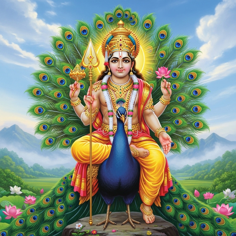 Lord Subramanya on Peacock: Vibrant Blissful Appearance with Divine Spear Lord Subramanya on Peacock: Vibrant Blissful Appearance with Divine Spear