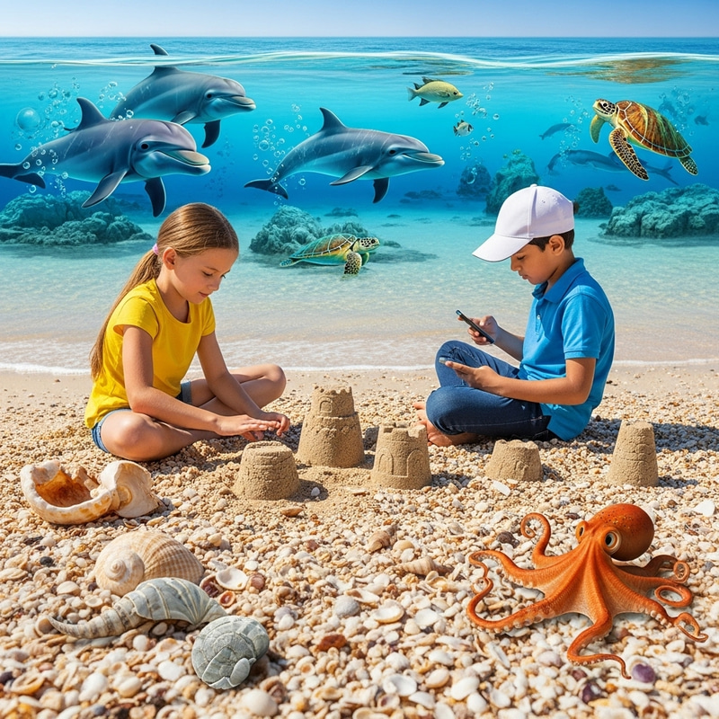 Scenic Beach: Shells, Girl Building Sandcastle, Boy with Phone Scenic Beach: Shells, Girl Building Sandcastle, Boy with Phone