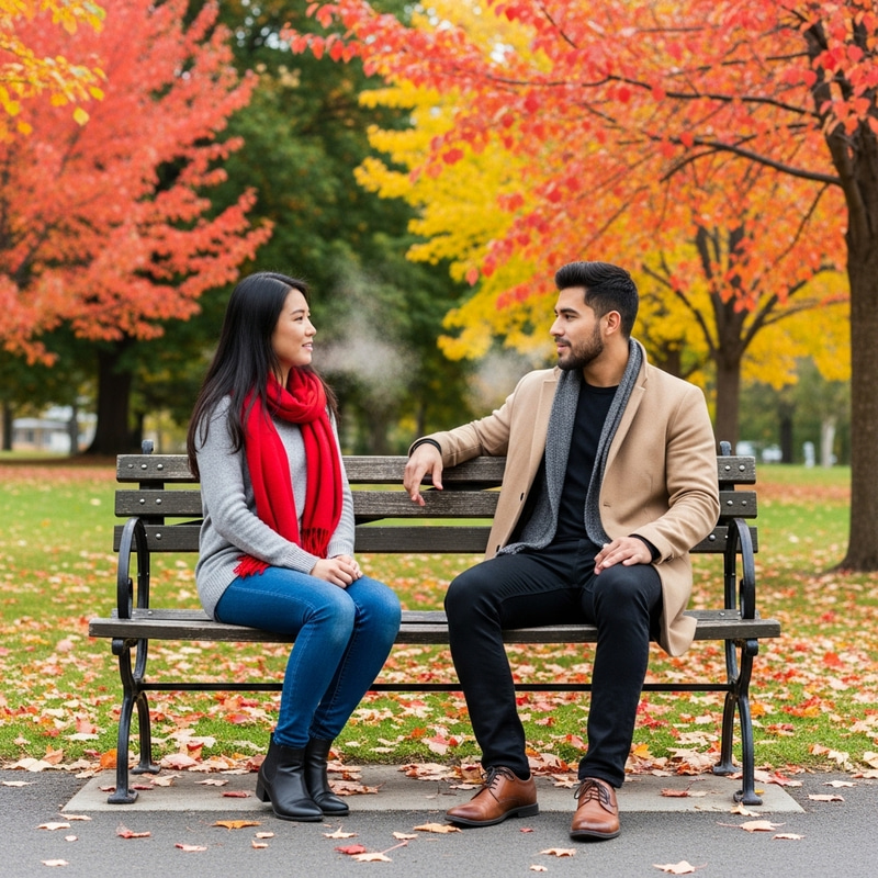Autumn Park Bench - Young Asian Woman and Hispanic Man Enjoying Conversation Autumn Park Bench - Young Asian Woman and Hispanic Man Enjoying Conversation