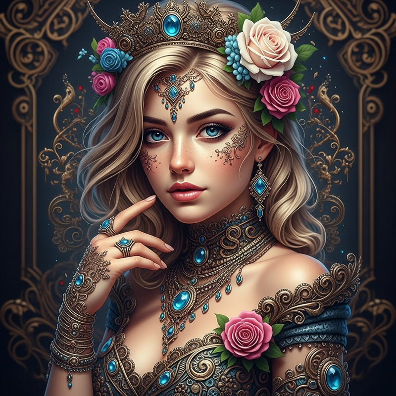 Intricate 19-Year-Old Blonde Woman by Steve McCurry, Hypermaximalist Style Intricate 19-Year-Old Blonde Woman by Steve McCurry, Hypermaximalist Style