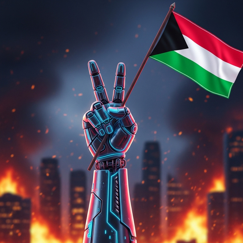 Futuristic Half-Robot Half-Human Fist Peace Sign Palestinian Flag Protest Futuristic Half-Robot Half-Human Fist Peace Sign Palestinian Flag Protest