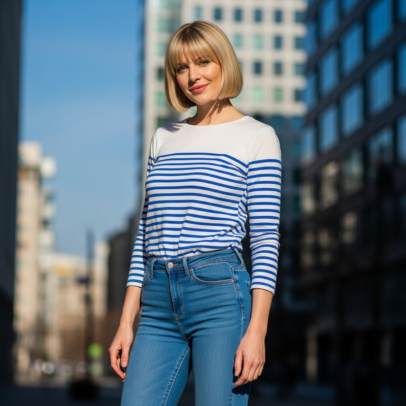 Tall Blonde Woman with Short Hair in Striped Shirt and Jeans Tall Blonde Woman with Short Hair in Striped Shirt and Jeans