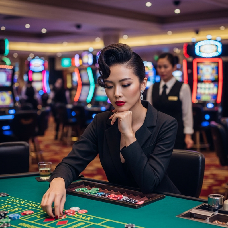 Stylish Asian Woman in Busy Casino Scene Stylish Asian Woman in Busy Casino Scene