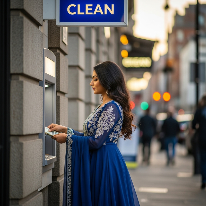 Beautiful South Asian Woman With Long Dark Hair - Withdrawing Money at CLEAN ATM Beautiful South Asian Woman With Long Dark Hair - Withdrawing Money at CLEAN ATM