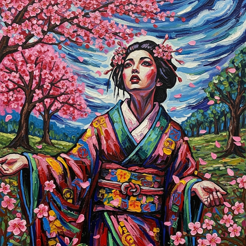Vibrant Kimono Woman in Cherry Blossoms: Encaustic Art Vibrant Kimono Woman in Cherry Blossoms: Encaustic Art