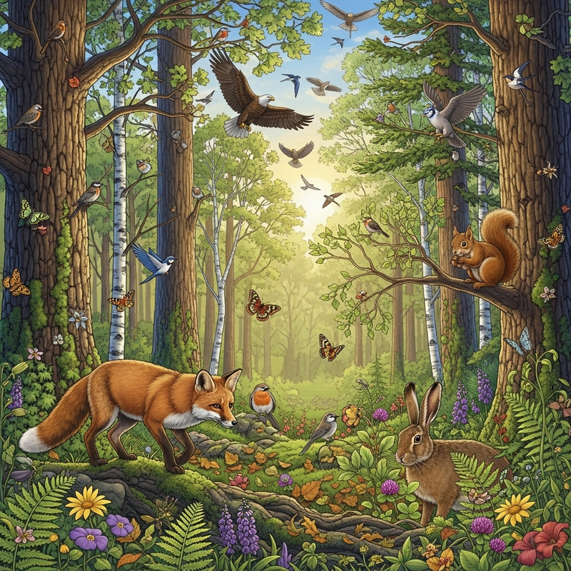 Enchanting Forest Scene with Animals, Birds, and Flora Enchanting Forest Scene with Animals, Birds, and Flora