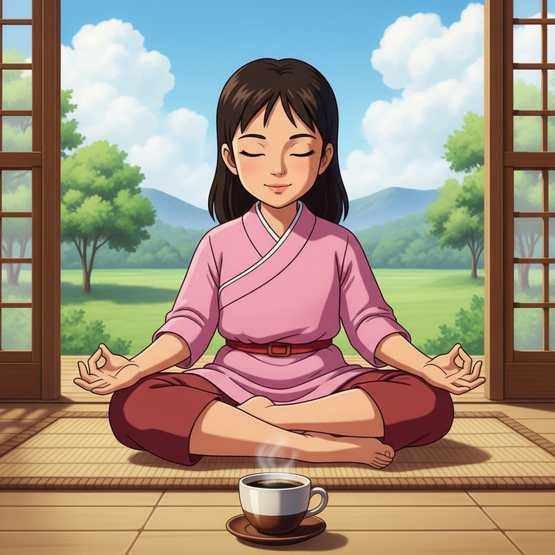 Anime Girl Yoga Meditation with Coffee - Serene Tranquility Anime Girl Yoga Meditation with Coffee - Serene Tranquility