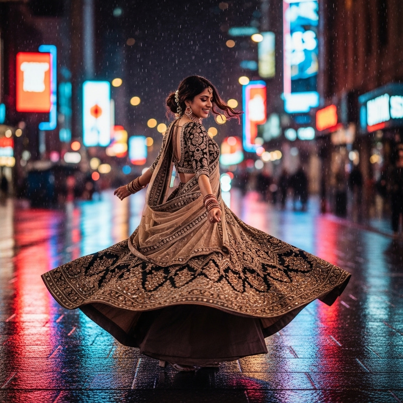 Asian Lady in Gown Dancing in Rain under Neon City Lights