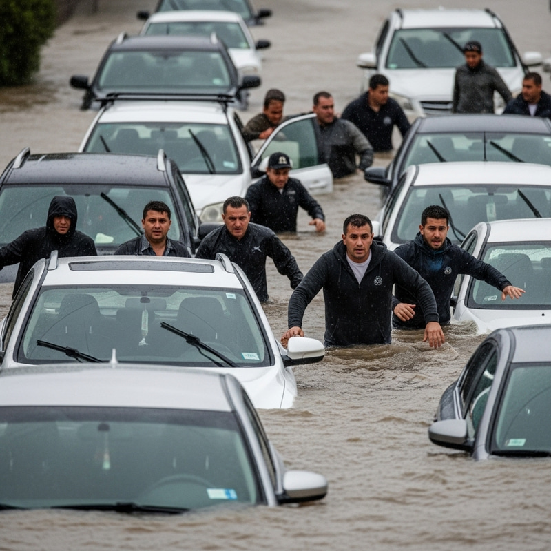 Disaster Flood: People Fleeing Submerged Cars