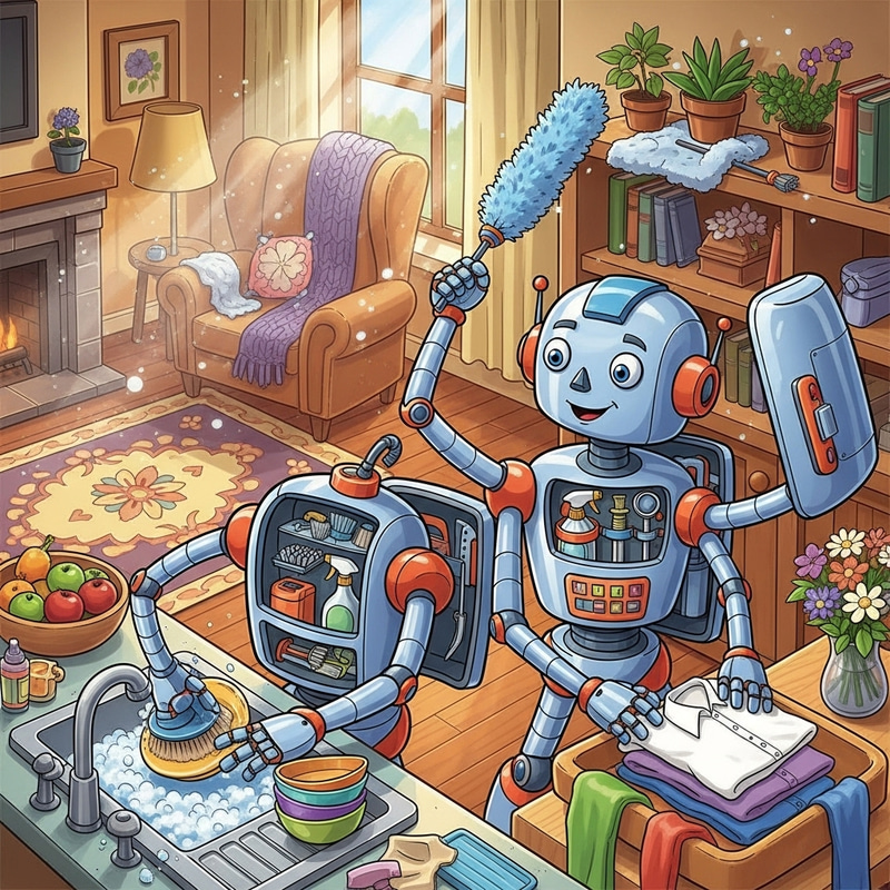 Cute Robot for Household Chores - Cartoon Style Cute Robot for Household Chores - Cartoon Style