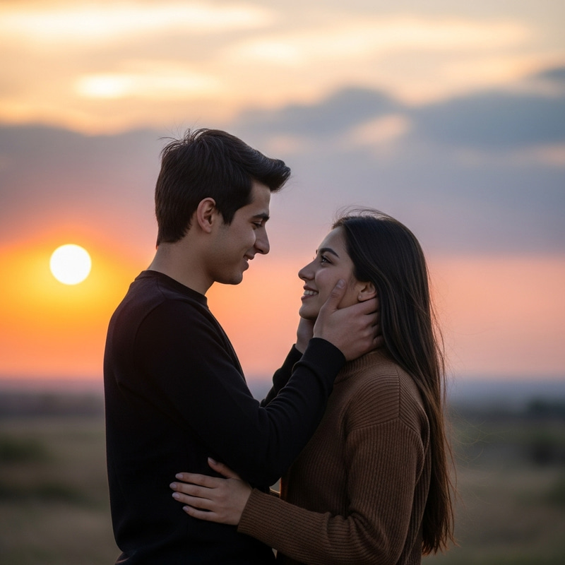 Shaved Kurdish Young Man Kissing Wife at Sunset