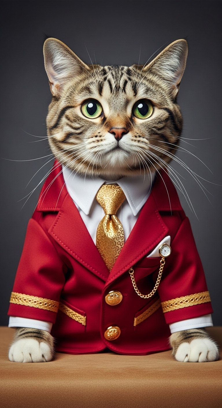 Elegant Red Cat in Stylish Gold Suit