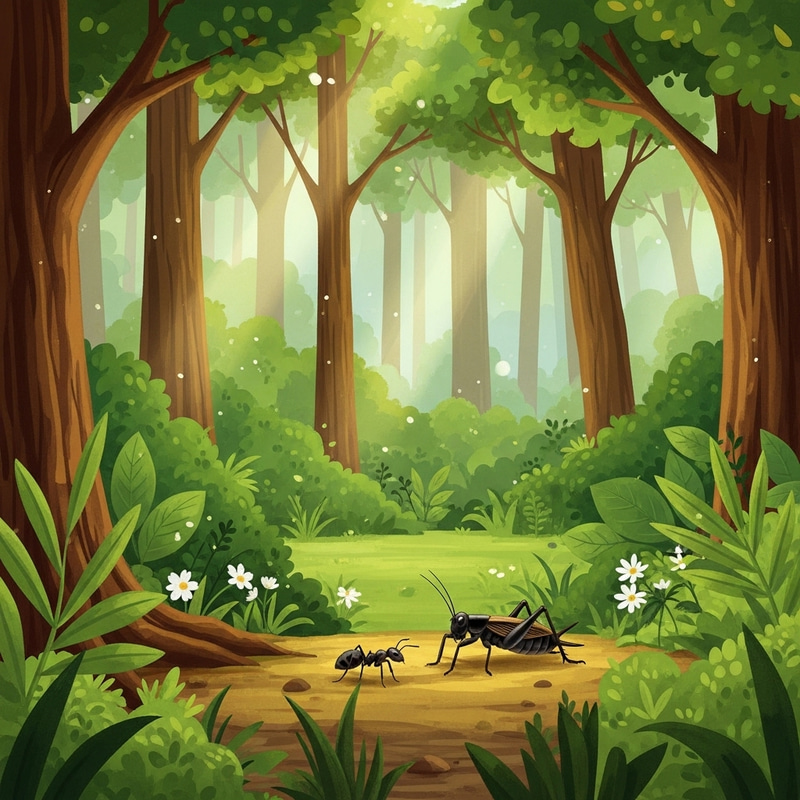 Forest Symphony: Cricket and Ant in Sunlight Forest Symphony: Cricket and Ant in Sunlight