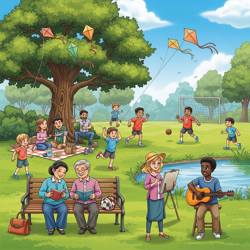 Weekend Green Park Scene with Kite Flying and Picnic Weekend Green Park Scene with Kite Flying and Picnic