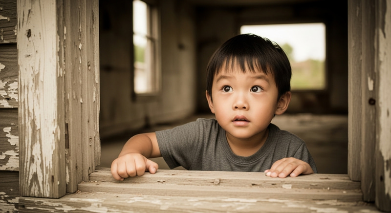 Vintage-Style Image of Curious East Asian Boy Exploring Abandoned House Vintage-Style Image of Curious East Asian Boy Exploring Abandoned House