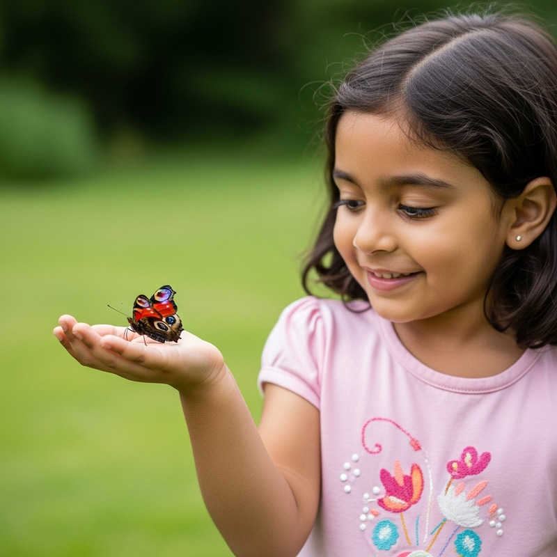 Cheerful Girl with Colorful Butterfly in Hand