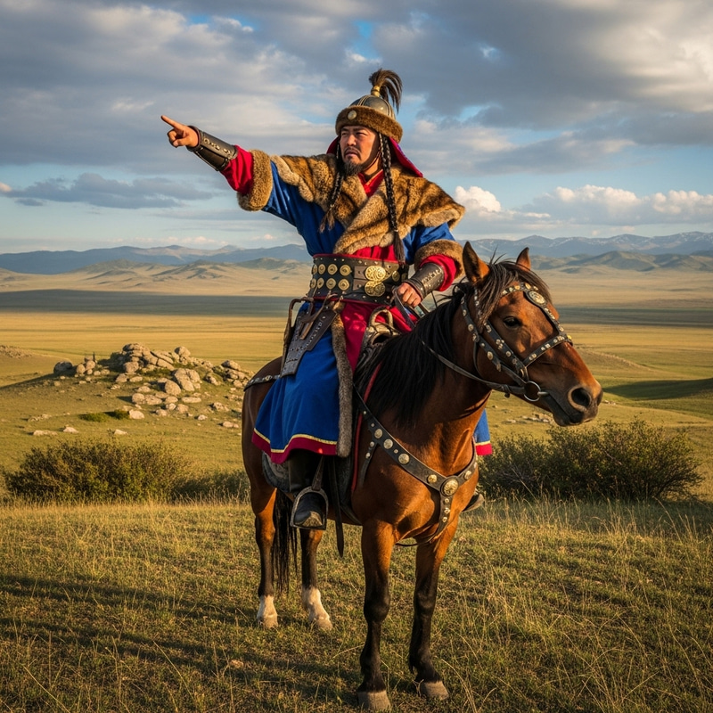 Genghis Khan Portrayed in Traditional Mongolian Attire on Horseback Genghis Khan Portrayed in Traditional Mongolian Attire on Horseback