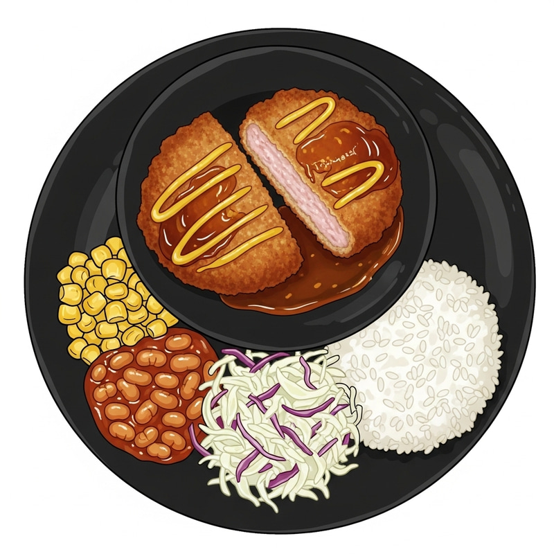 Hand-Drawn Cartoonish Tonkatsu Gourmet Scene with Steamed Rice Hand-Drawn Cartoonish Tonkatsu Gourmet Scene with Steamed Rice