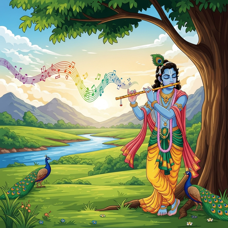 Krishna Playing Flute in Tranquil Landscape