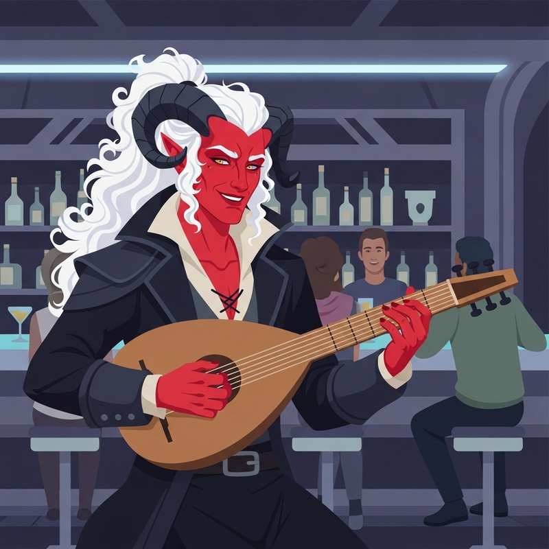 Tiefling Musician in a Sci-Fi Space Bar: Fantasy Artwork Tiefling Musician in a Sci-Fi Space Bar: Fantasy Artwork
