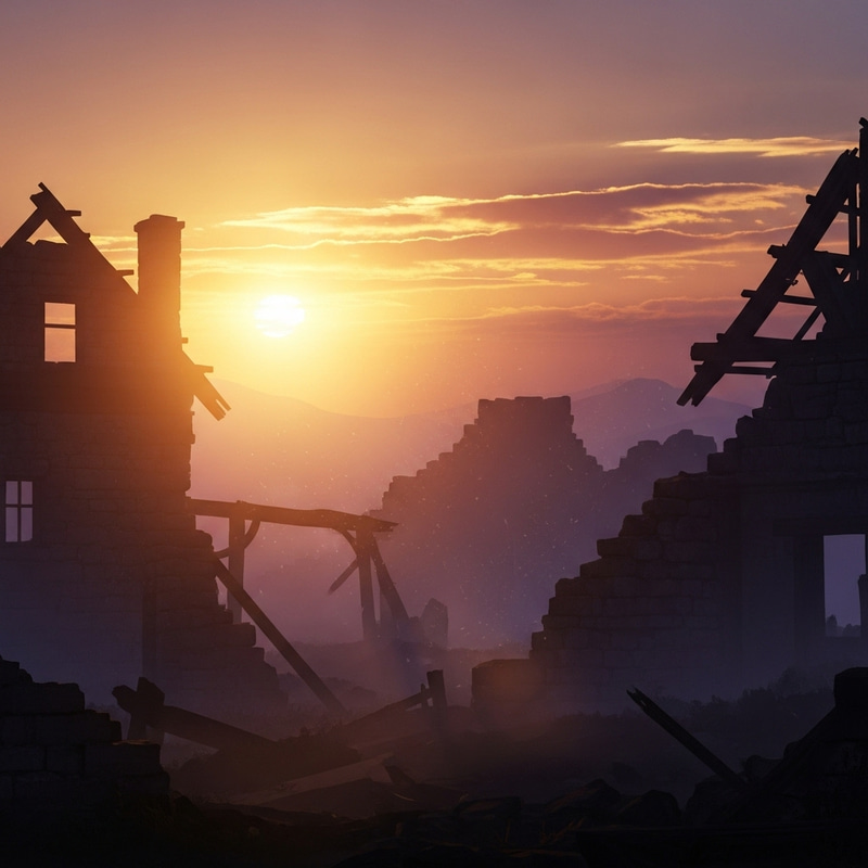 Translucent Colors in a Ruined Village Scene Translucent Colors in a Ruined Village Scene