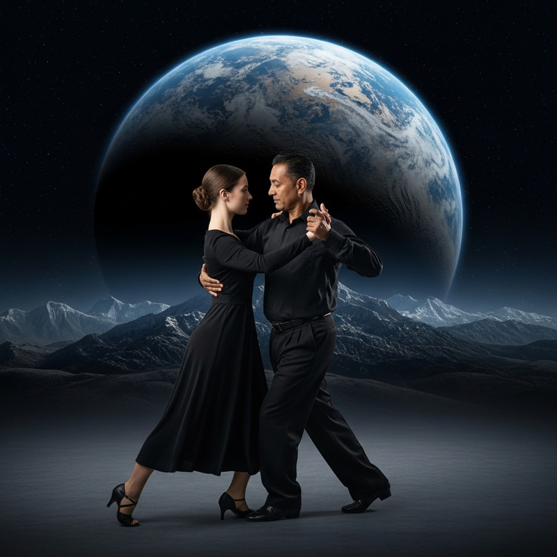 Celestial Tango: Couple Dancing Beneath Enormous Planet