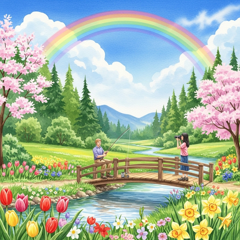 Serene Spring Watercolor Landscape with Rainbow, River, and Bridge Serene Spring Watercolor Landscape with Rainbow, River, and Bridge