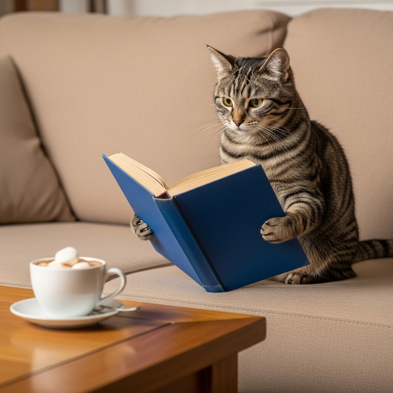 Adventurous Cat Reading a Novel on Cozy Sofa Adventurous Cat Reading a Novel on Cozy Sofa
