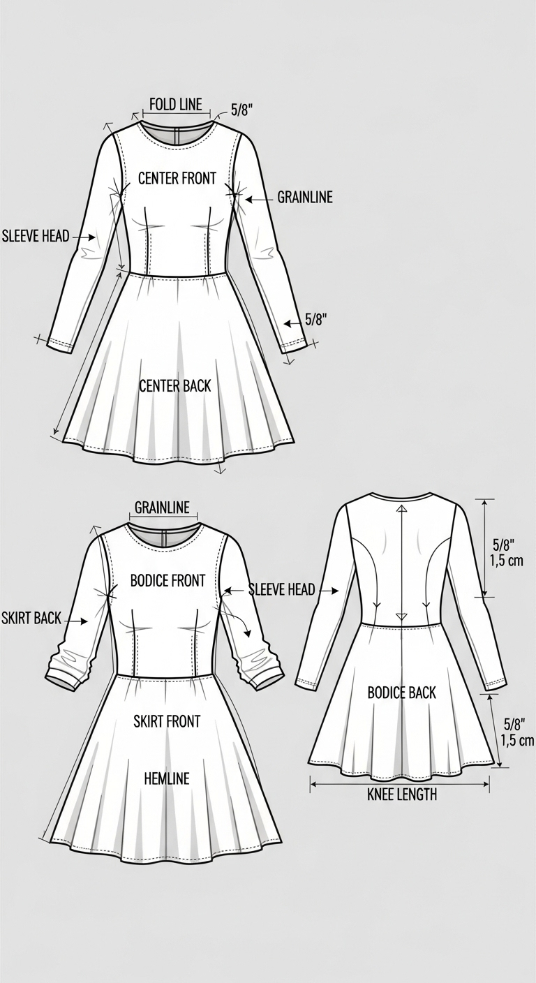 Detailed Skater Dress Pattern Sketch with Long Sleeves Detailed Skater Dress Pattern Sketch with Long Sleeves
