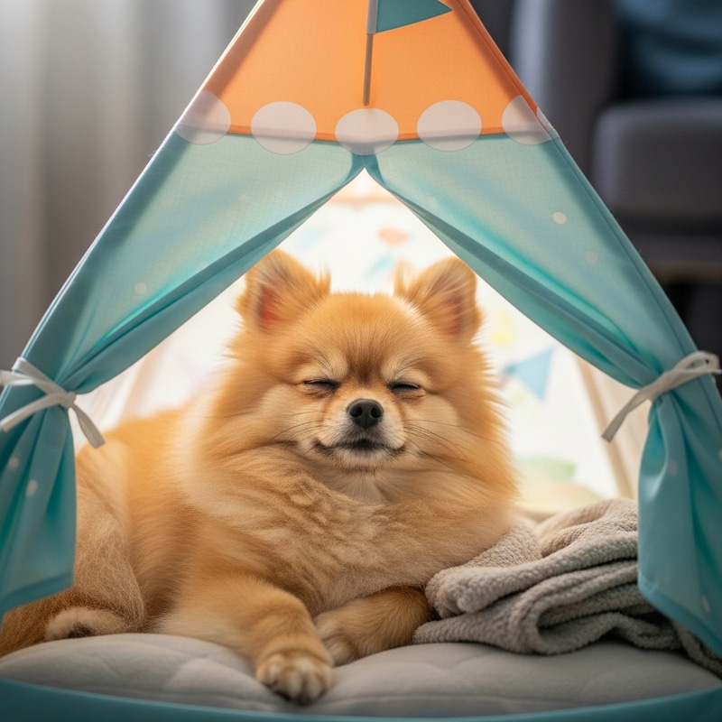 Adorable Pomeranian Sleeping in Cozy Tent