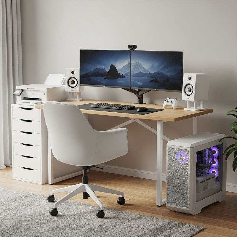 27-Inch Dual Monitor Setup with Speaker, Webcam, Printer, and Gaming PC in White 27-Inch Dual Monitor Setup with Speaker, Webcam, Printer, and Gaming PC in White