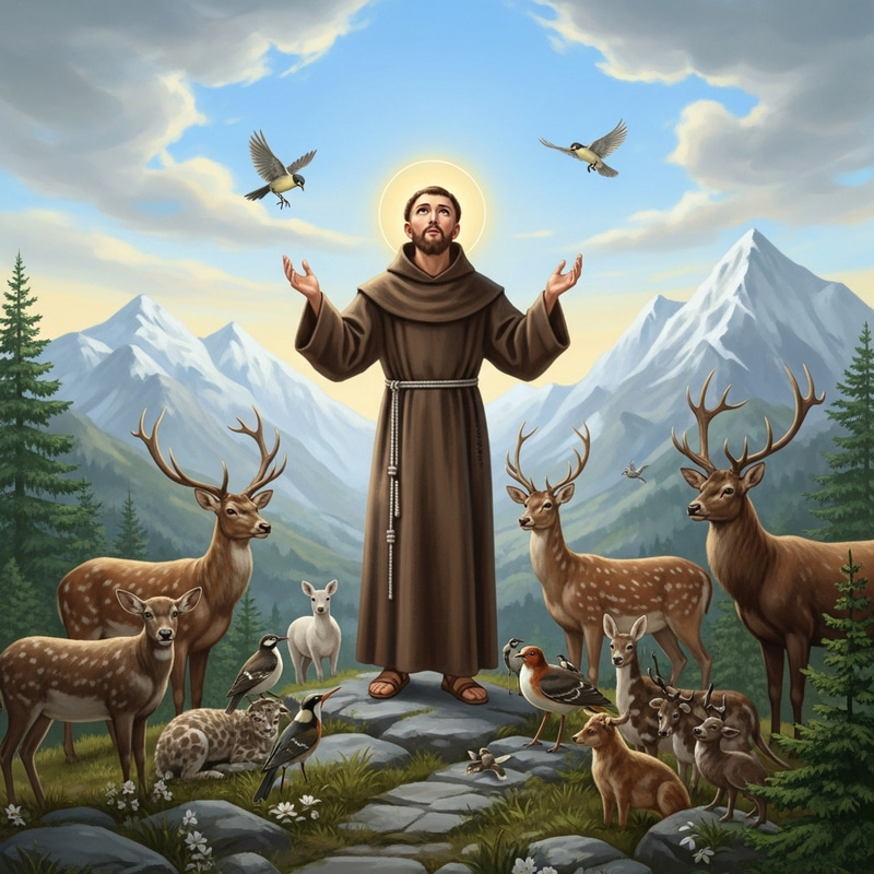 Saint Francis of Assisi on a Mountain - A Serene Moment with Animals Saint Francis of Assisi on a Mountain - A Serene Moment with Animals