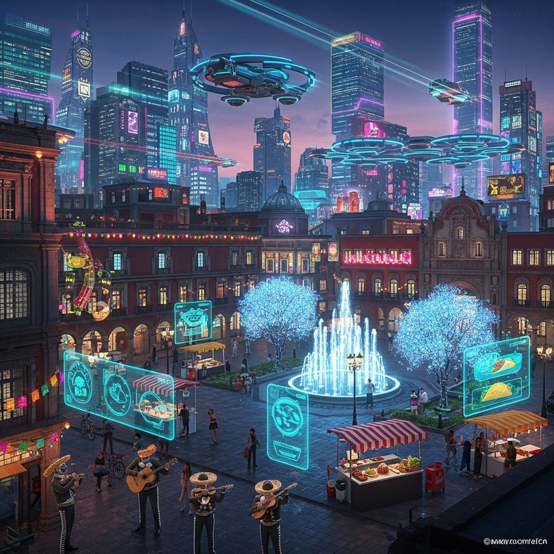 Futuristic Mexican Cityscape | Hi-Tech Skyscrapers & Robotic Mariachis