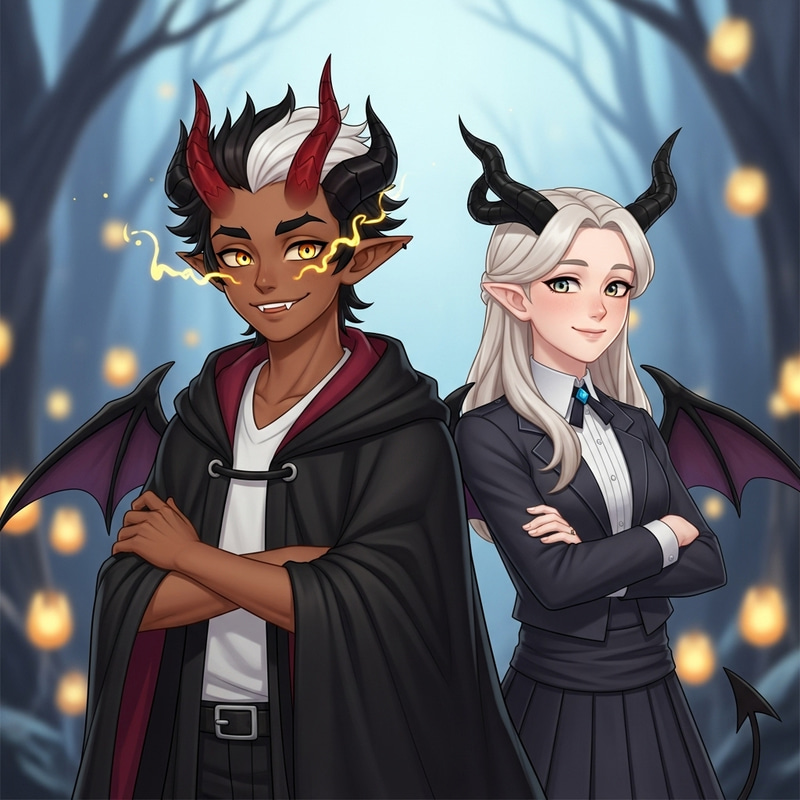 Brown Skin Demon Boy & Black White Hair Girl - Fantasy Friendship