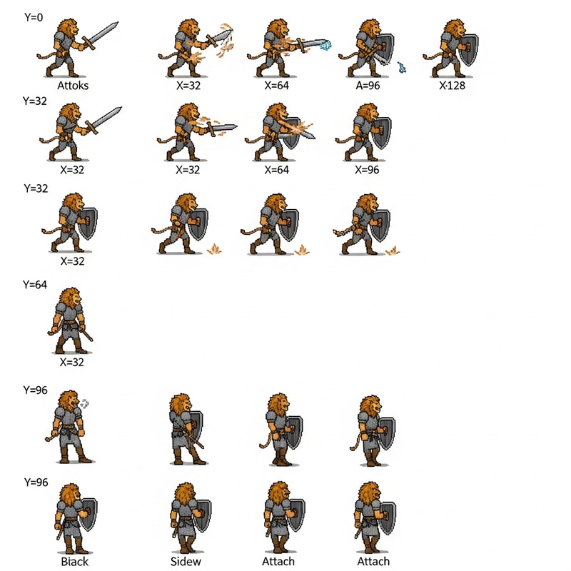 Detailed Pixel Art Sprite Sheet of Lion Humanoid for Dungeons & Dragons RPG Detailed Pixel Art Sprite Sheet of Lion Humanoid for Dungeons & Dragons RPG