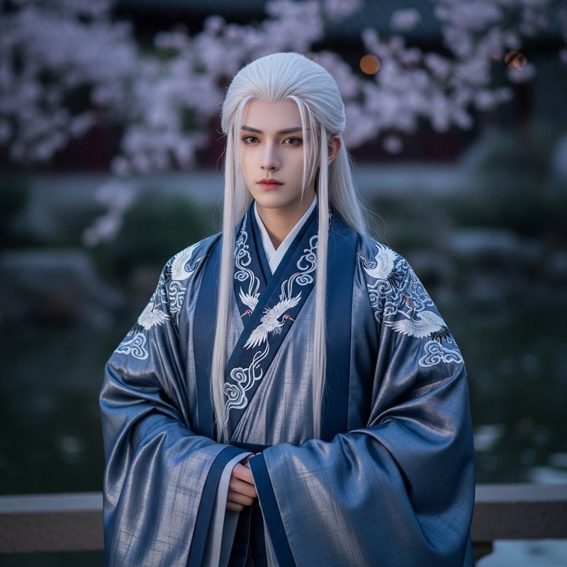 Beautiful Young Man in Traditional Chinese Hanfu with Long White Hair Beautiful Young Man in Traditional Chinese Hanfu with Long White Hair