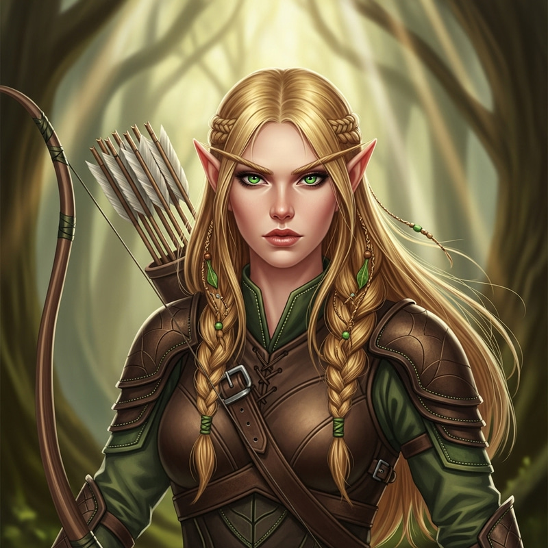 Stern and Strong Beautiful Elf Archeress | Golden Hair & Emerald Eyes Stern and Strong Beautiful Elf Archeress | Golden Hair & Emerald Eyes
