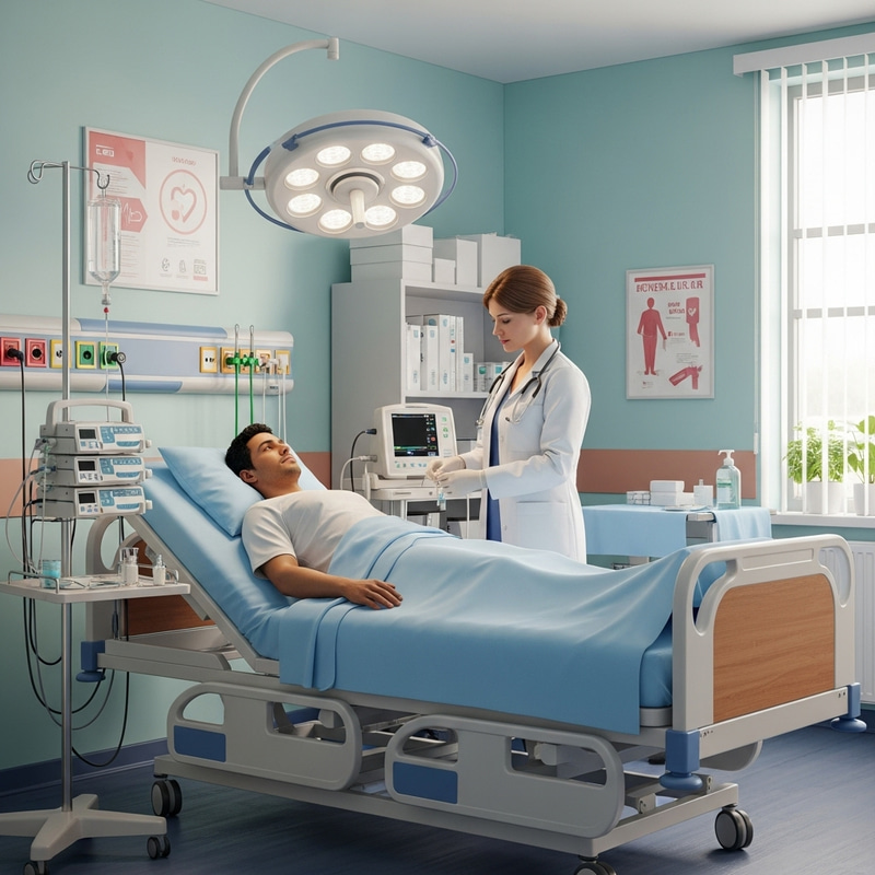 Caring Caucasian Doctor Performing Medical Procedure in Hospital Bed Caring Caucasian Doctor Performing Medical Procedure in Hospital Bed