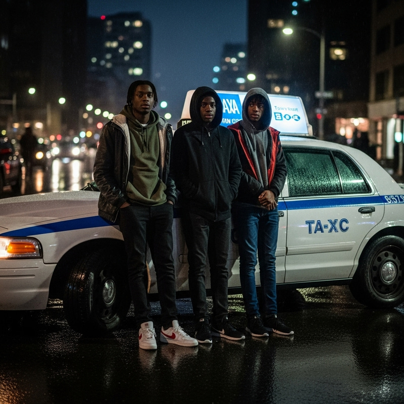 Moody Urban Portrayal: Black Teens by Taxi Cab on Rainy Night
