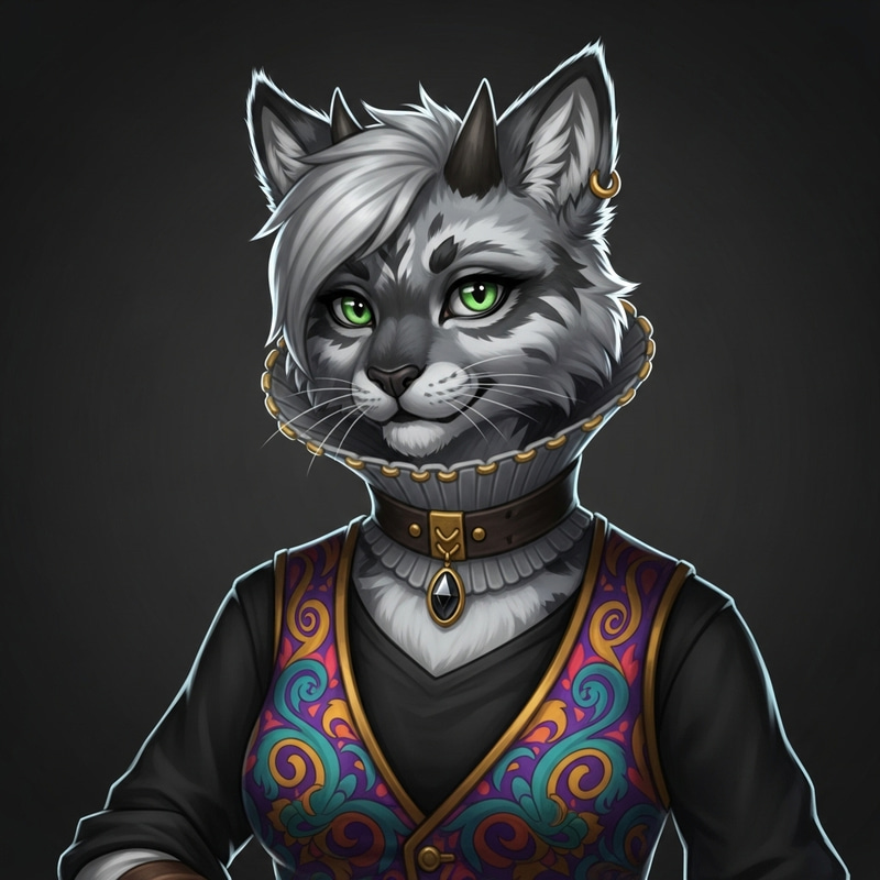 Graceful Tabaxi Female Rogue in Grey Attire with Elizabethan Collar Graceful Tabaxi Female Rogue in Grey Attire with Elizabethan Collar