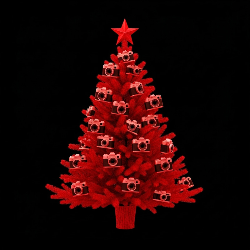 Expert Digital Design: Vibrant Christmas Tree with Camera Ornaments Expert Digital Design: Vibrant Christmas Tree with Camera Ornaments